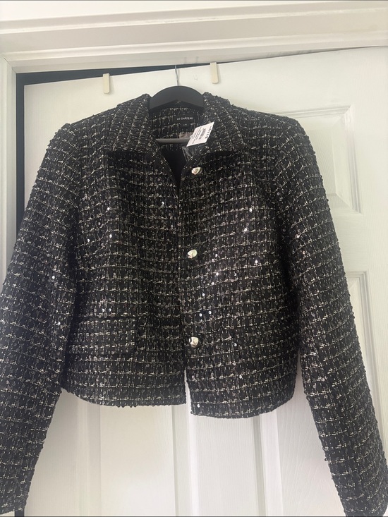 Suzy Shier Jackets & Blazers - Chanel-Style Black Tweed Boxy Jacket with Sequins
